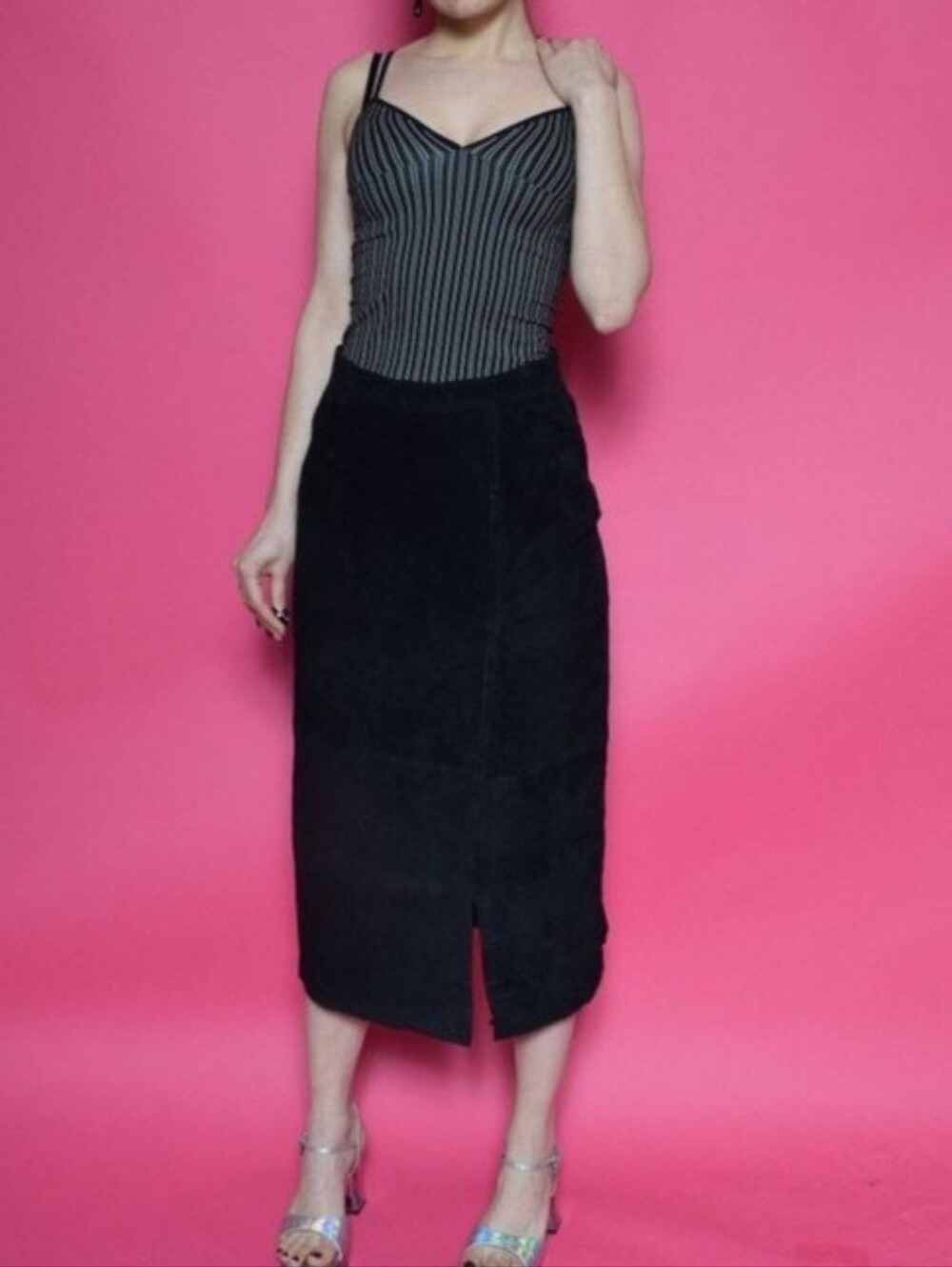 Vintage Suede Midi Pencil Skirt with Front Slit - Grunge Goth Retro